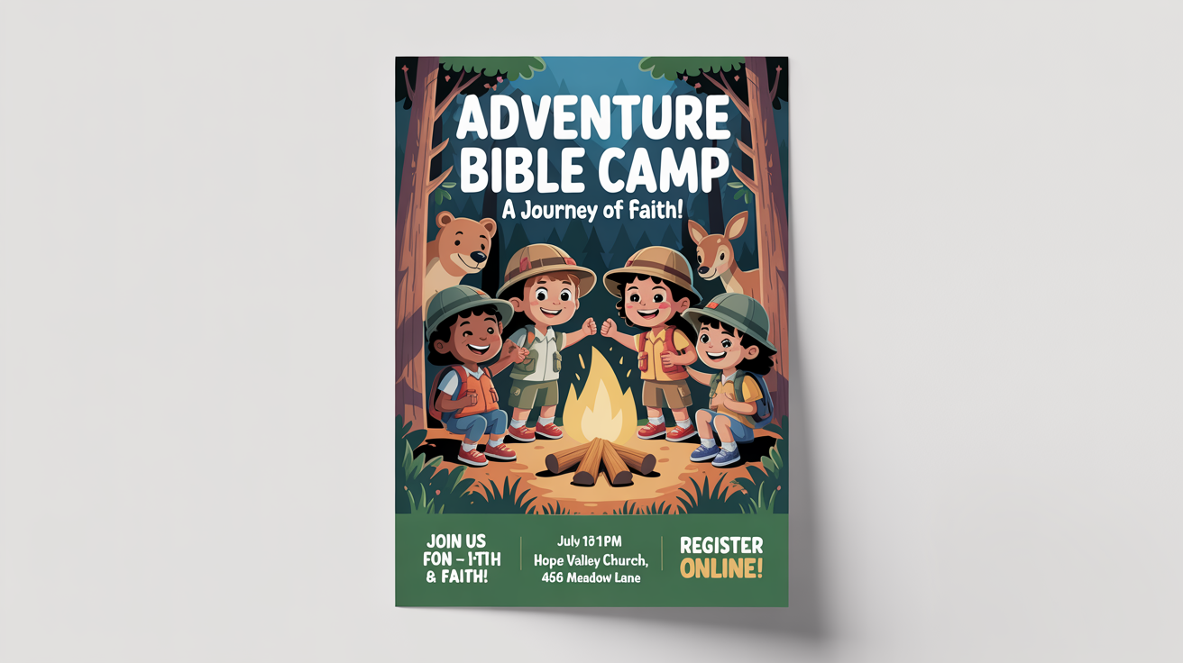 A mockup of a Vacation Bible School flyer for an 'Adventure Bible Camp', featuring cartoon kids around a campfire and event details for Hope Valley Church.