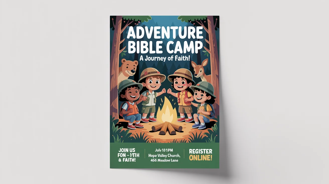 A mockup of a Vacation Bible School flyer for an 'Adventure Bible Camp', featuring cartoon kids around a campfire and event details for Hope Valley Church.