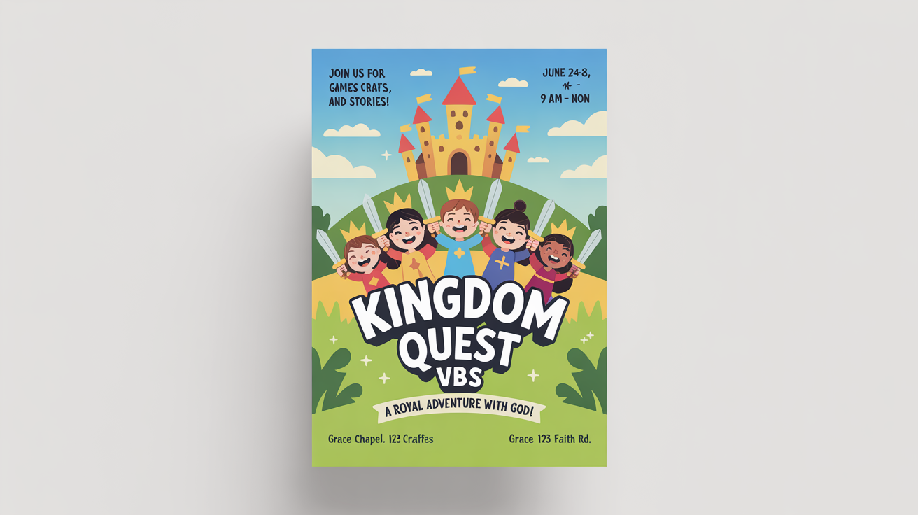 A colorful Vacation Bible School flyer mockup with a medieval 'Kingdom Quest' theme, featuring a cartoon castle and children dressed as knights and princesses, with fictional event details.