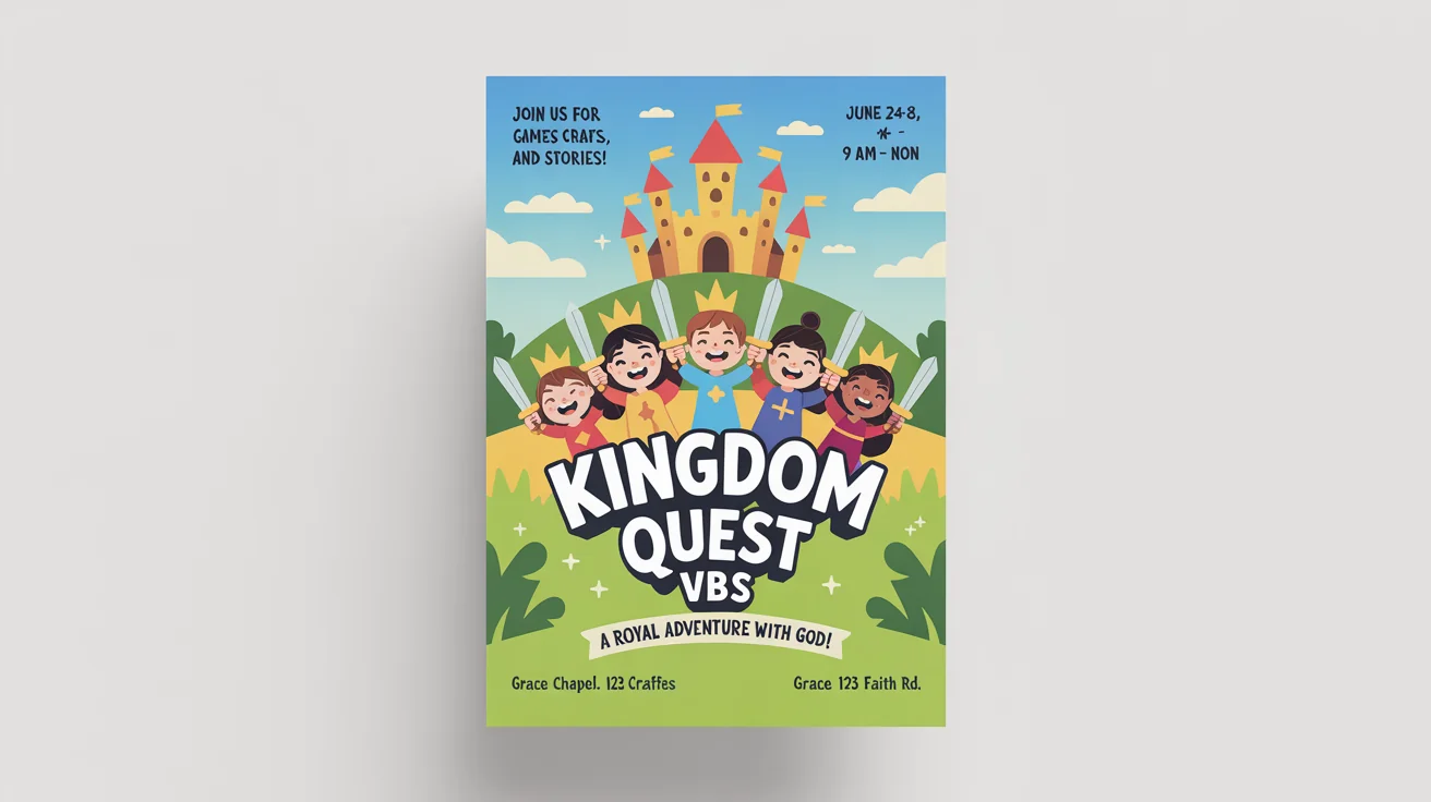 A colorful Vacation Bible School flyer mockup with a medieval 'Kingdom Quest' theme, featuring a cartoon castle and children dressed as knights and princesses, with fictional event details.
