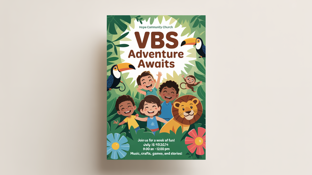 A mockup of a colorful Vacation Bible School flyer with a jungle adventure theme, featuring cartoon animals and children, with event details for 'VBS Adventure Awaits'.