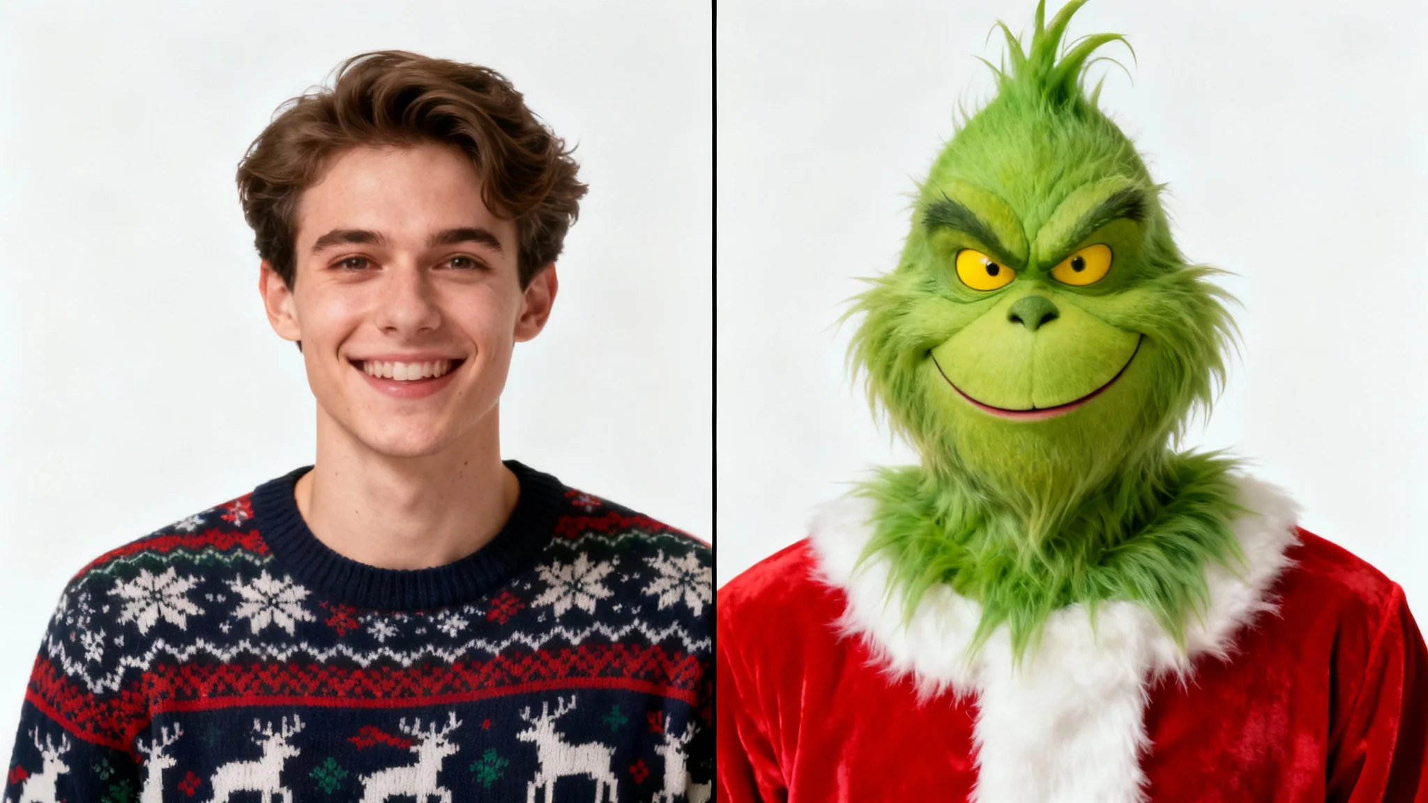 A before-and-after image showing a person transformed into the Grinch. The left side shows a normal person, and the right side shows them as the green, furry Grinch in a Santa suit.