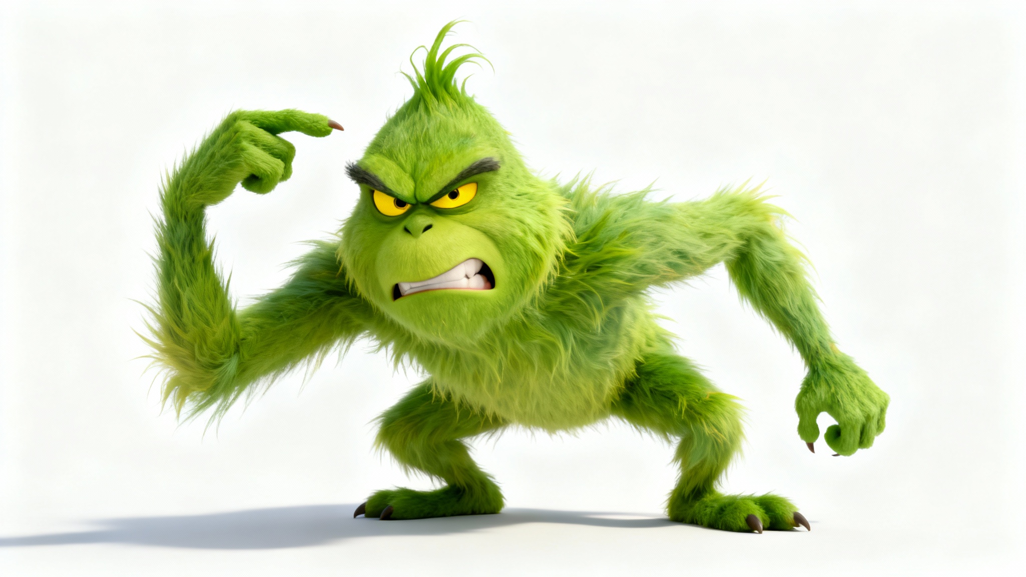 A hyper-realistic 3D character mockup of a grumpy, green, furry creature inspired by the Grinch, sneering against a plain white background.