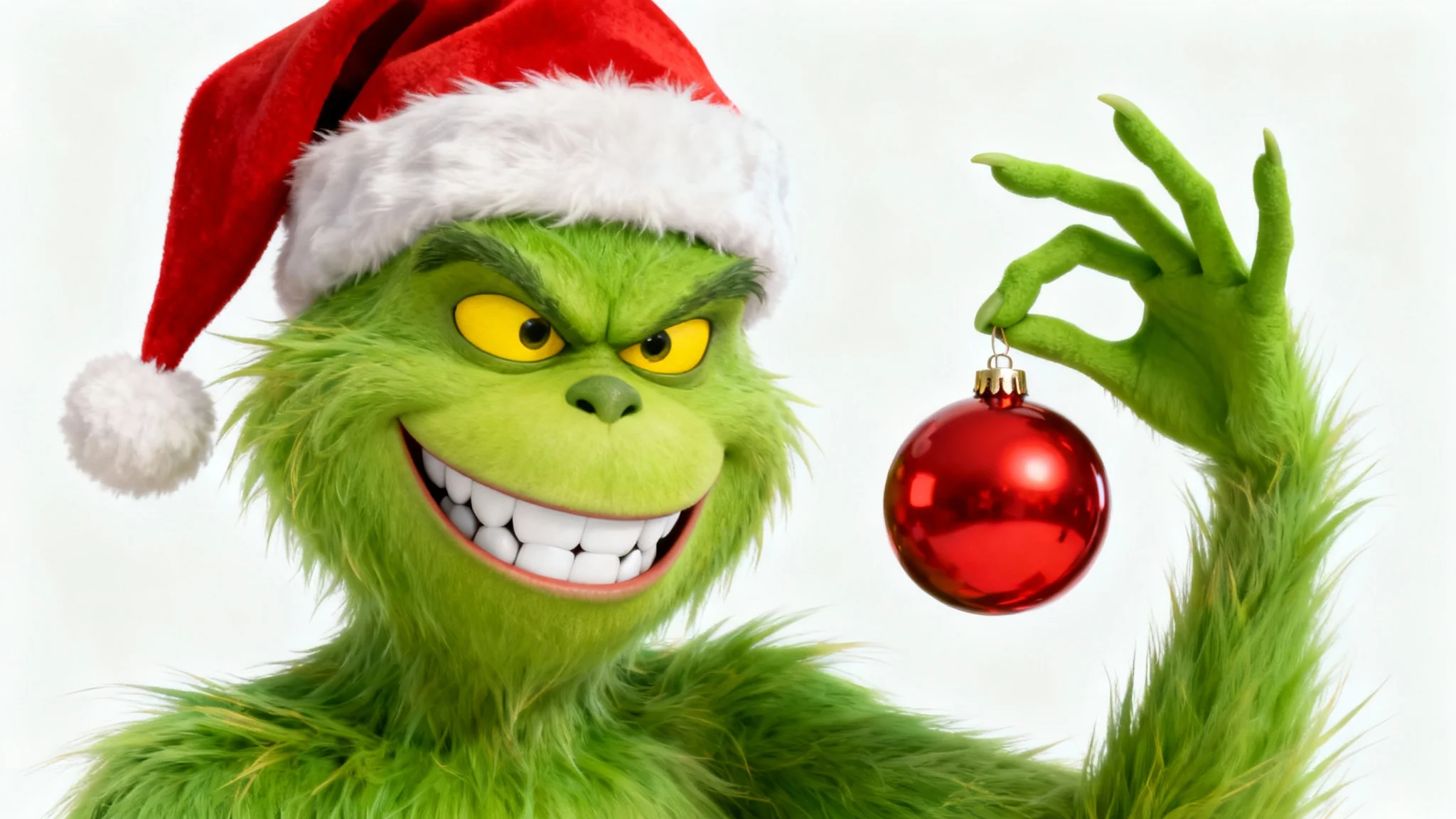 A 3D animated green, furry, Grinch-like character smirking mischievously while holding a red Christmas ornament, set against a plain white background.