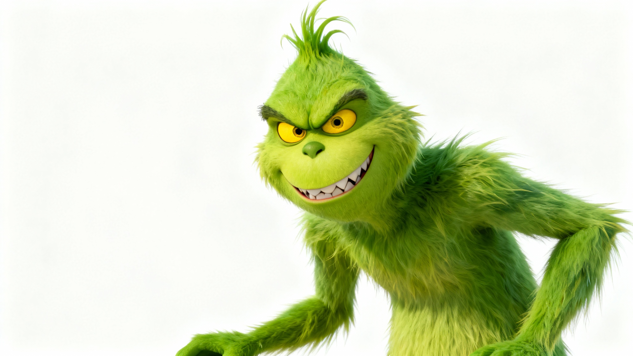 A high-quality 3D render of the Grinch with a mischievous sneer, detailed green fur, and yellow eyes, set against a plain white background.