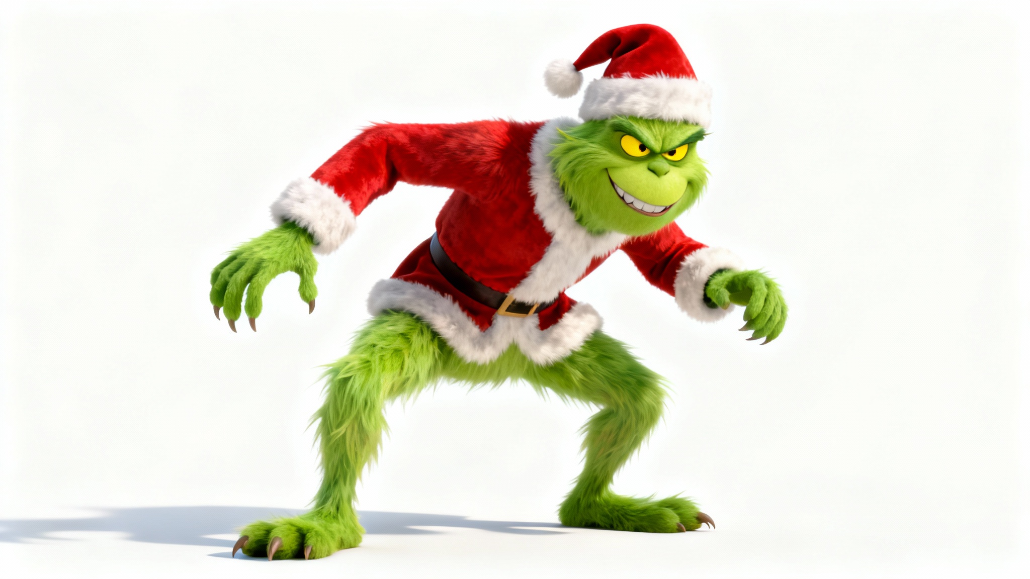 A highly detailed 3D rendering of the Grinch in his Santa suit, smirking mischievously against a plain white background.