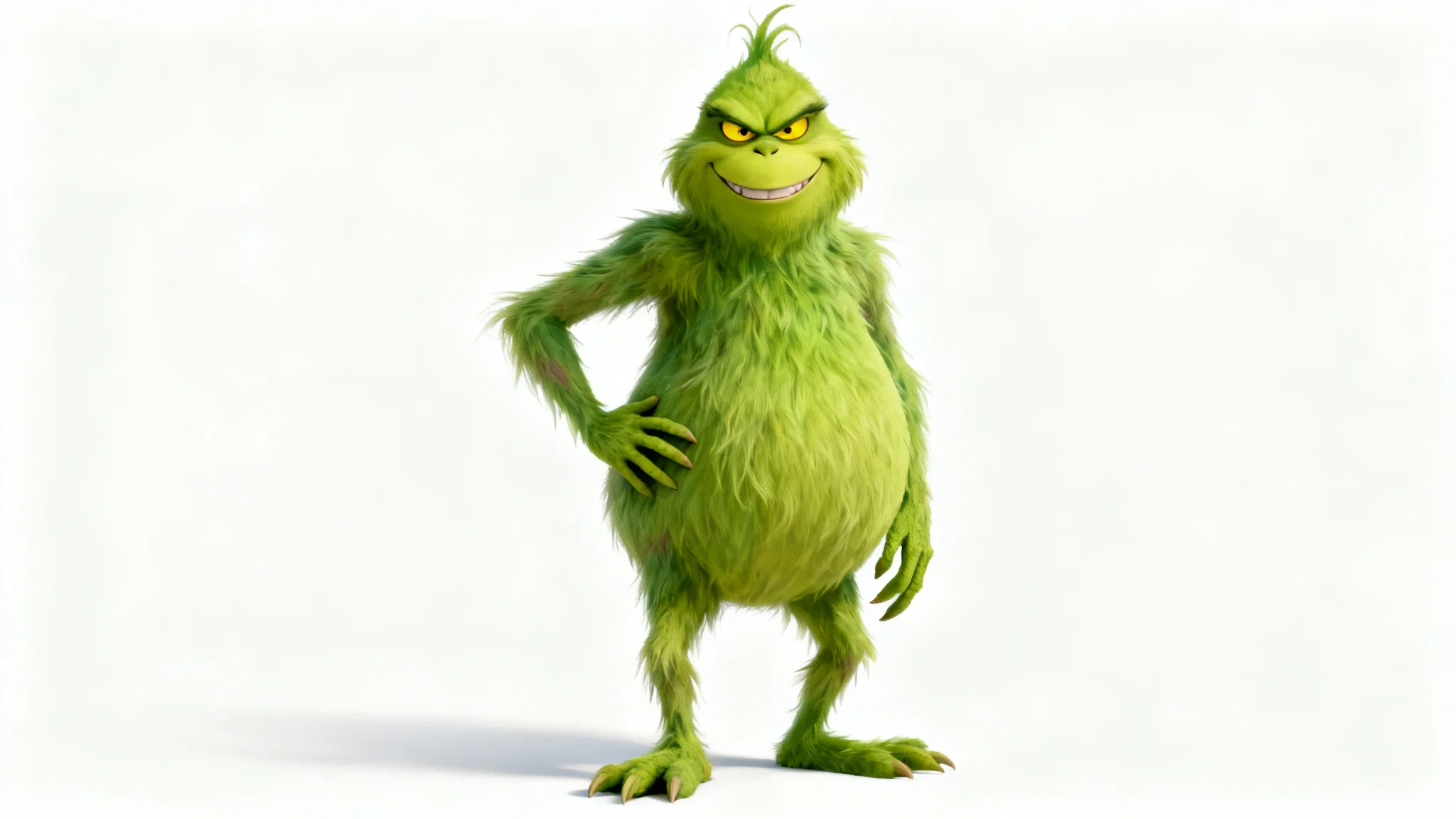 A hyper-realistic digital painting of a grumpy green monster inspired by the Grinch, standing with a hand on his hip and smirking against a plain white background.