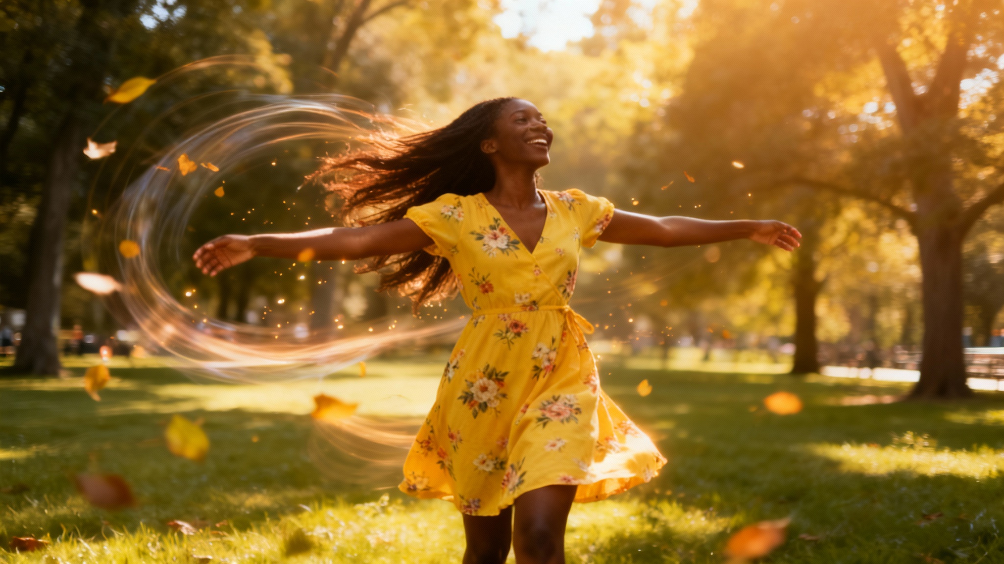 An eye-catching image demonstrating a 'moving photo' effect. A young Black woman in a yellow dress stands in sharp focus, while her hair and the park background are artistically blurred to create a powerful sense of wind and motion.