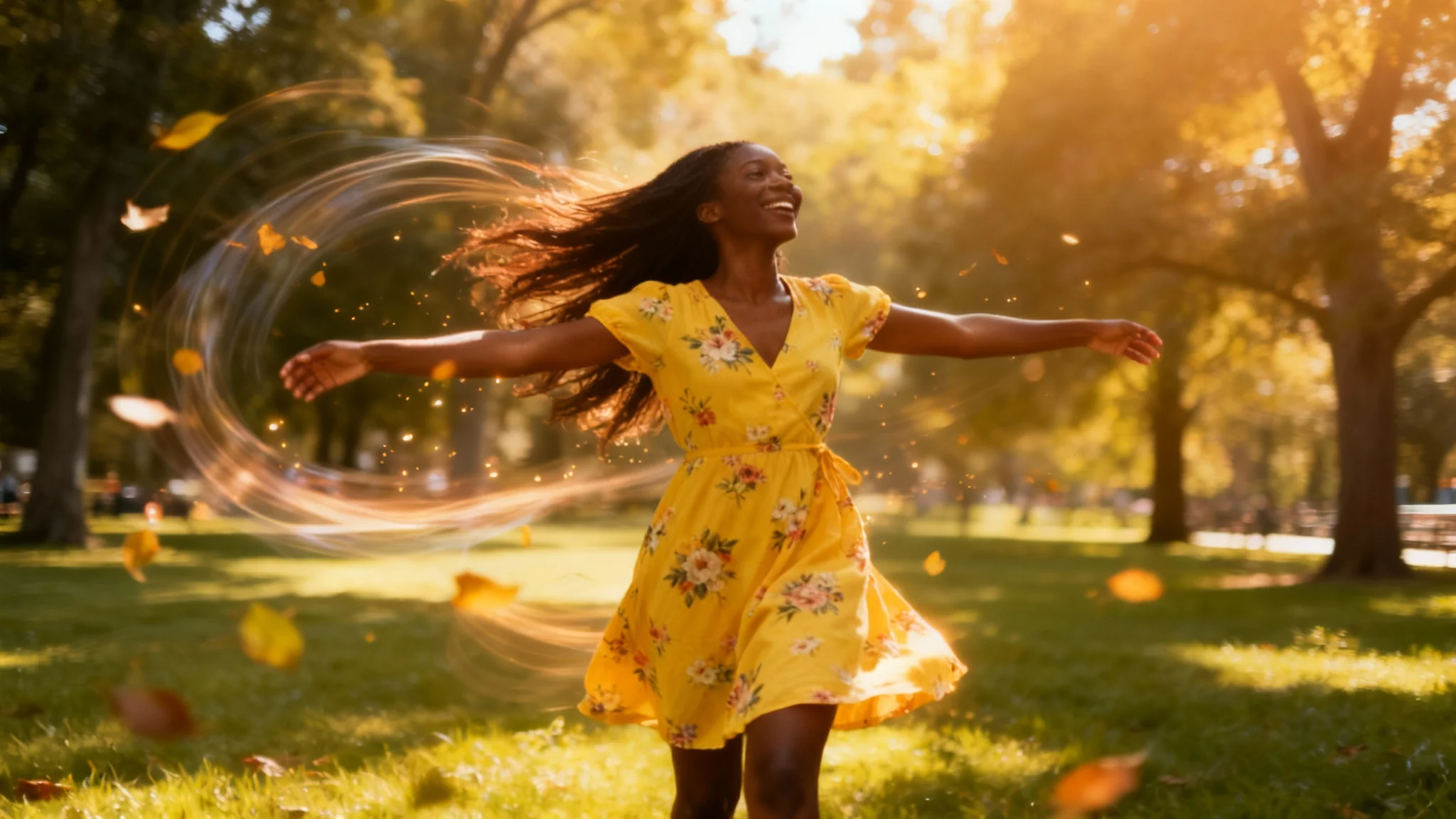 An eye-catching image demonstrating a 'moving photo' effect. A young Black woman in a yellow dress stands in sharp focus, while her hair and the park background are artistically blurred to create a powerful sense of wind and motion.