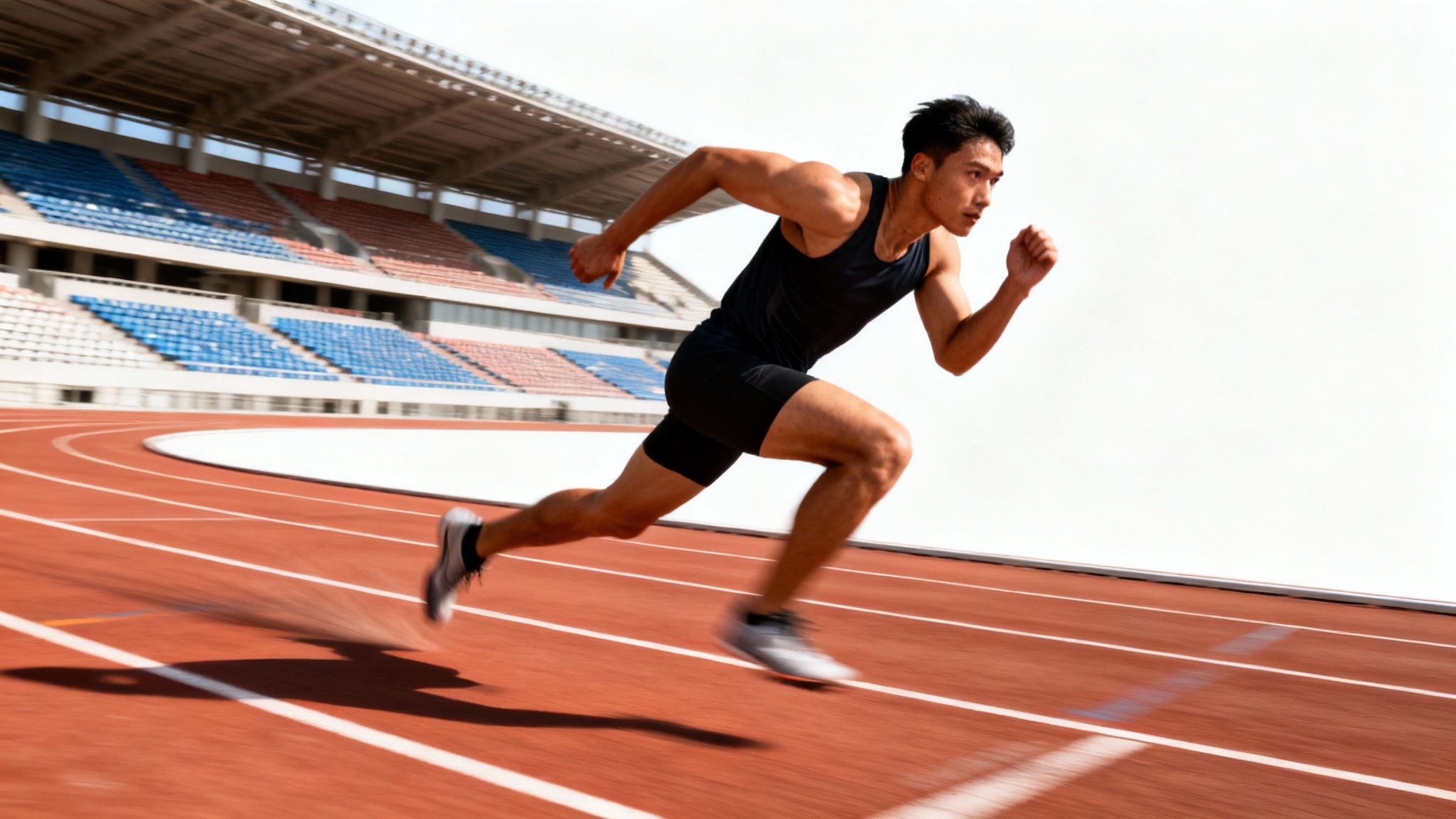 An action shot of a runner sprinting, captured with a panning technique. The runner is in sharp focus while the background is a motion blur, creating a strong sense of speed and movement.