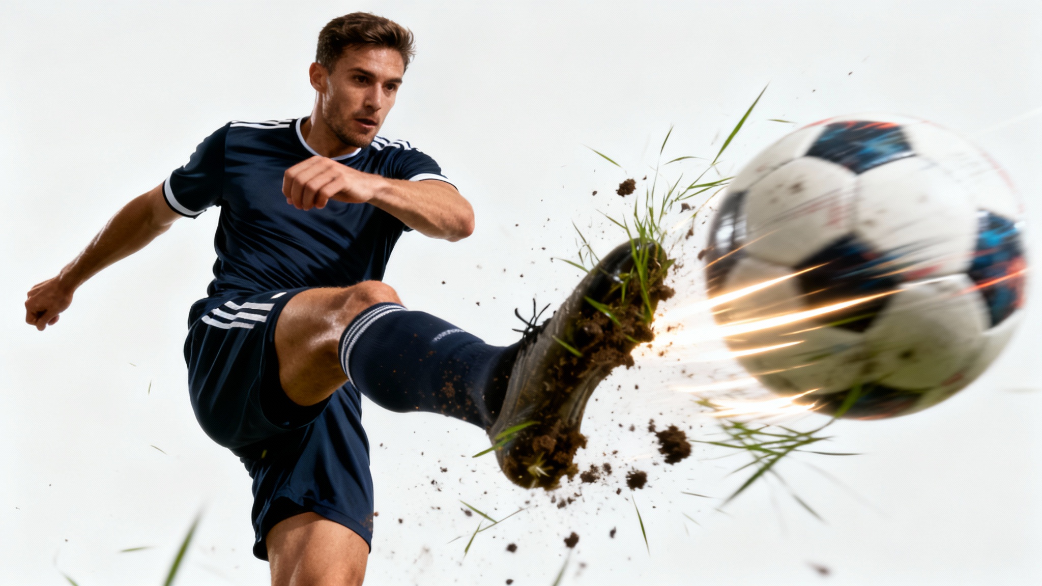 A soccer player frozen mid-kick against a white background, with motion blur on his leg and the ball to illustrate the concept of a 'moving photo'.