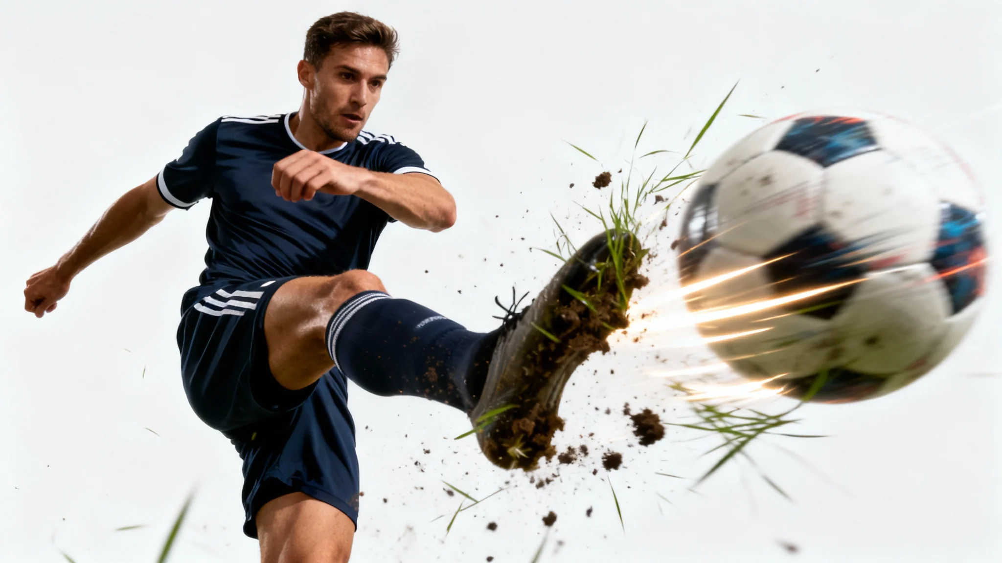 A soccer player frozen mid-kick against a white background, with motion blur on his leg and the ball to illustrate the concept of a 'moving photo'.