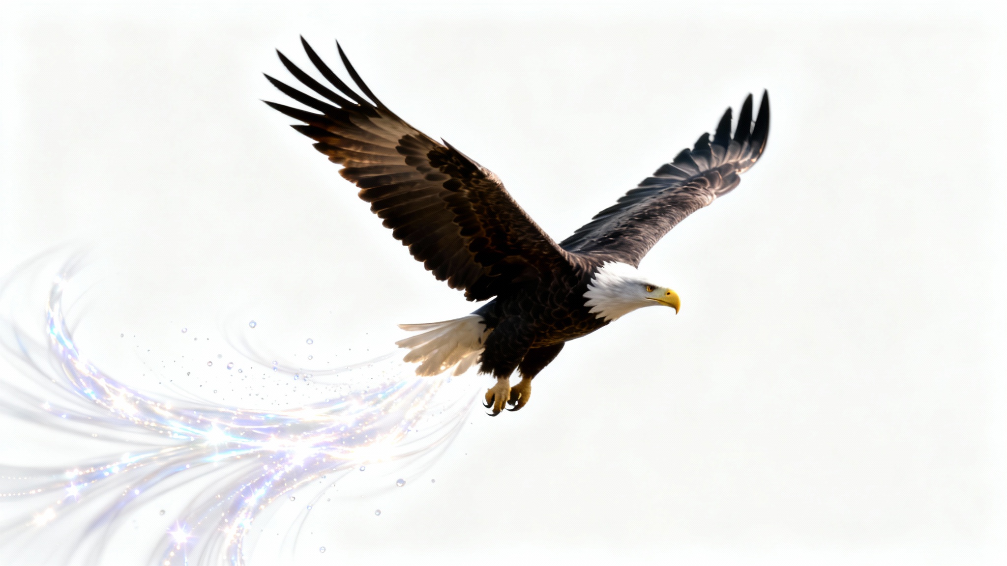 A majestic eagle in sharp focus, captured mid-flight against a solid white background, with ethereal light trails extending from its wings to create a 'moving photo' effect.