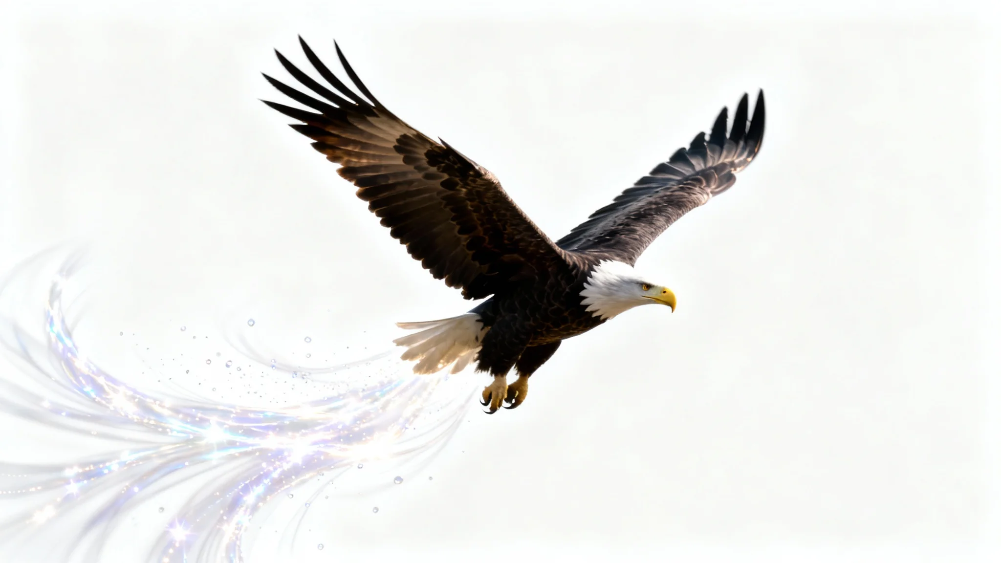 A majestic eagle in sharp focus, captured mid-flight against a solid white background, with ethereal light trails extending from its wings to create a 'moving photo' effect.