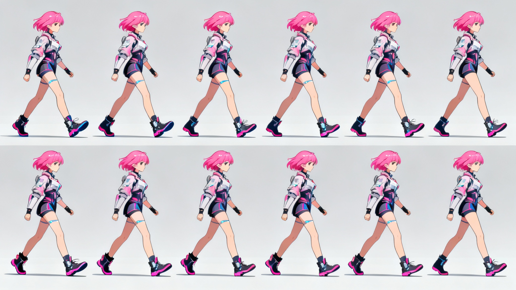 An animation sprite sheet showing an 8-frame walk cycle of a female anime character with pink hair against a light gray background.
