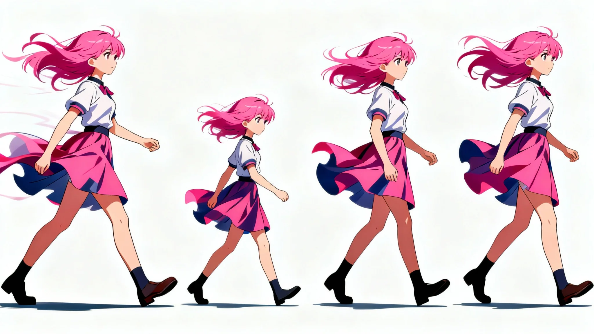 An anime character sheet illustrating a walk cycle, showing four keyframes of a girl with pink hair walking against a clean white background.
