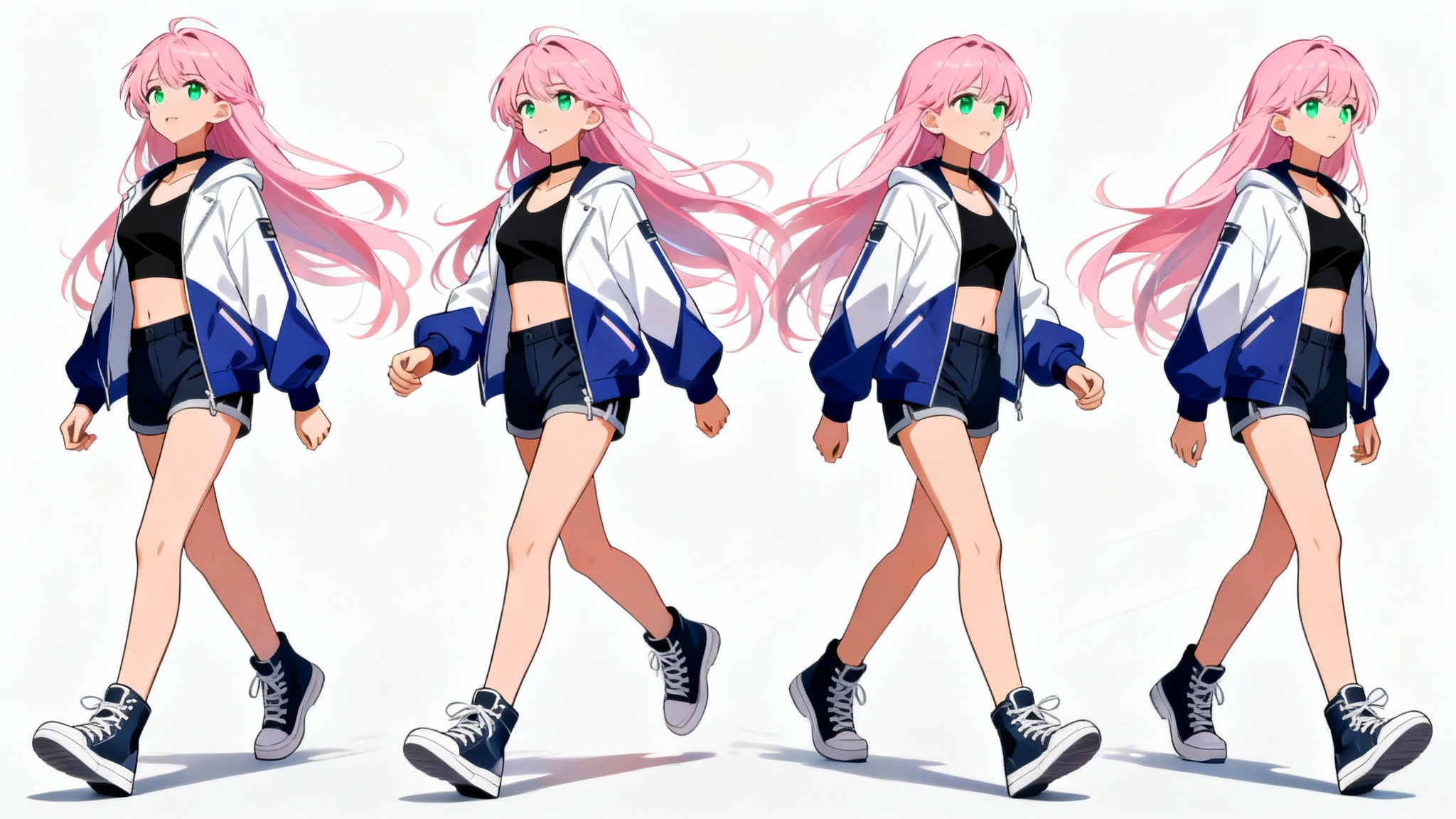 A sequence of four keyframes illustrating an anime girl with pink hair performing a walk cycle against a white background.