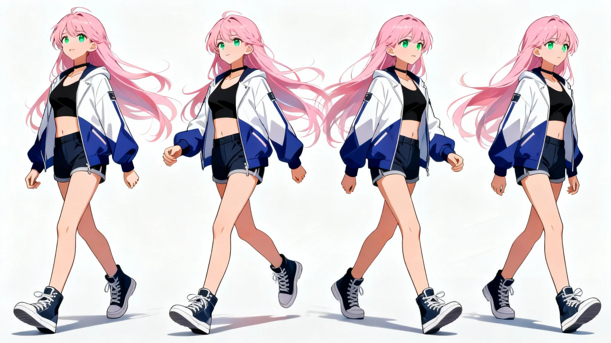 A sequence of four keyframes illustrating an anime girl with pink hair performing a walk cycle against a white background.