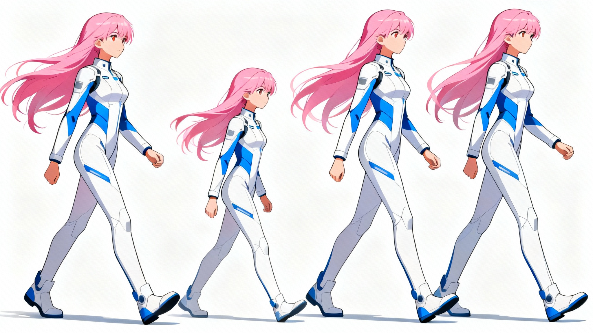 An illustration of an anime walk cycle featuring a female character in four sequential poses against a white background, demonstrating fluid movement.