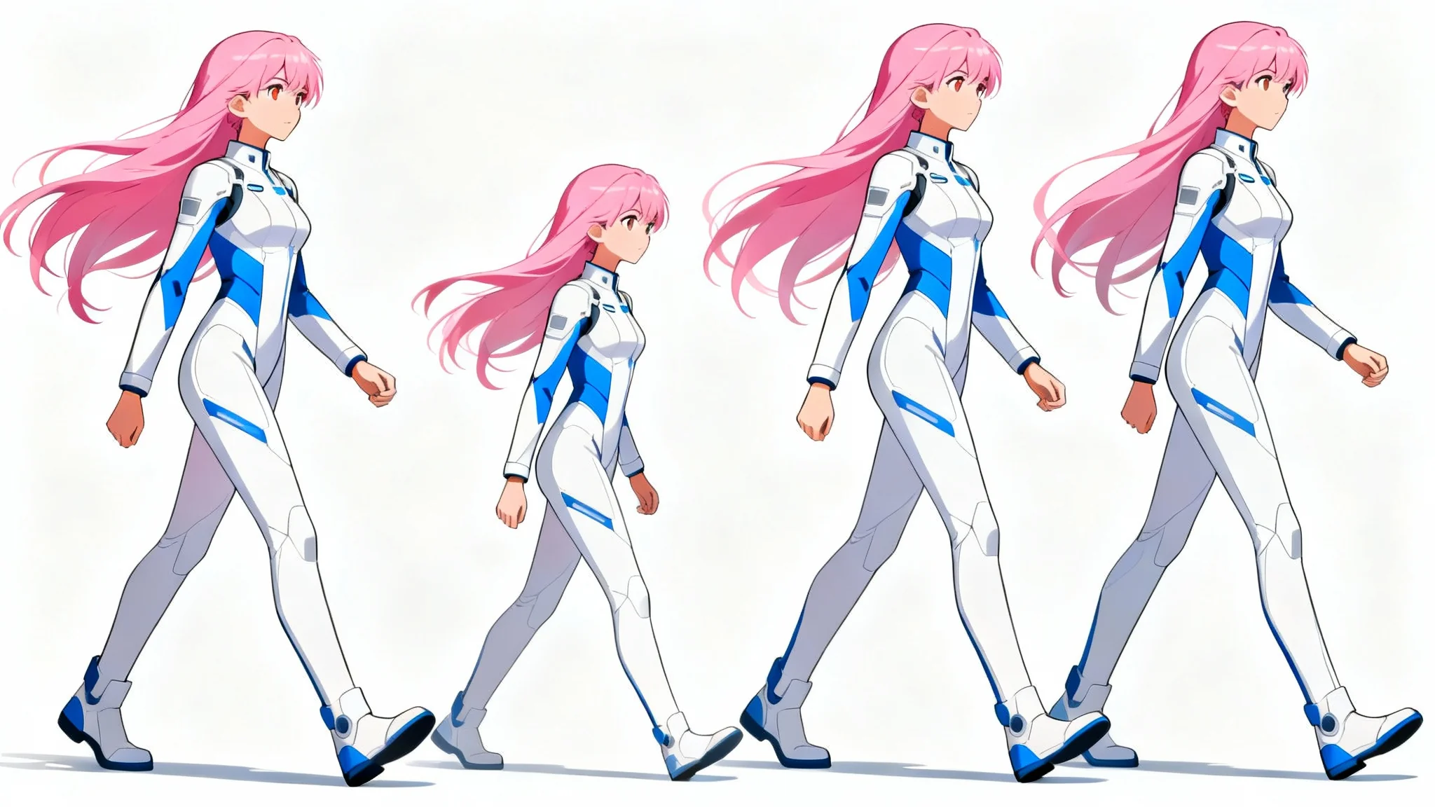 An illustration of an anime walk cycle featuring a female character in four sequential poses against a white background, demonstrating fluid movement.