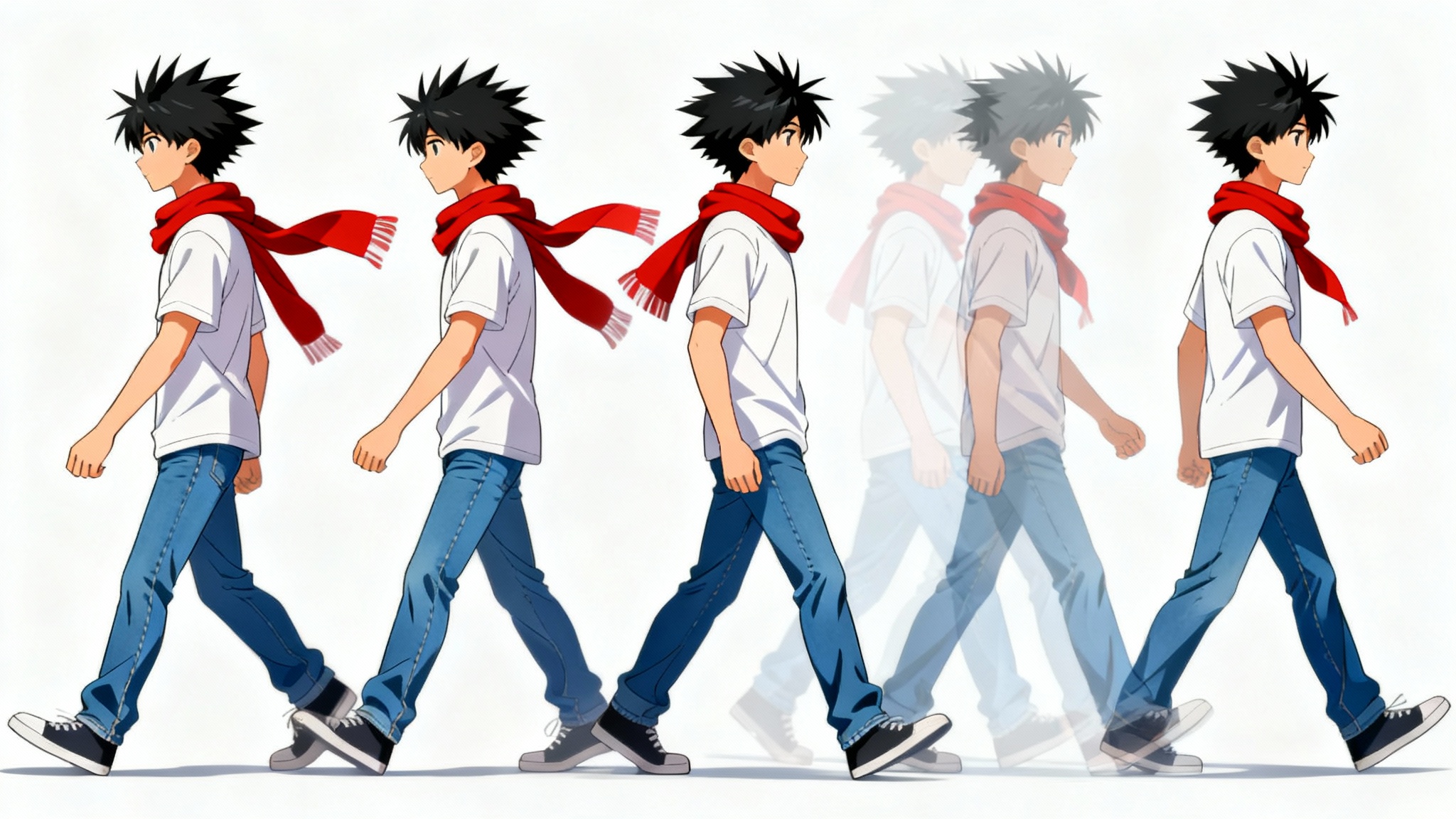 An illustration of an anime walk cycle, showing five sequential keyframe poses of a young man walking against a stark white background.