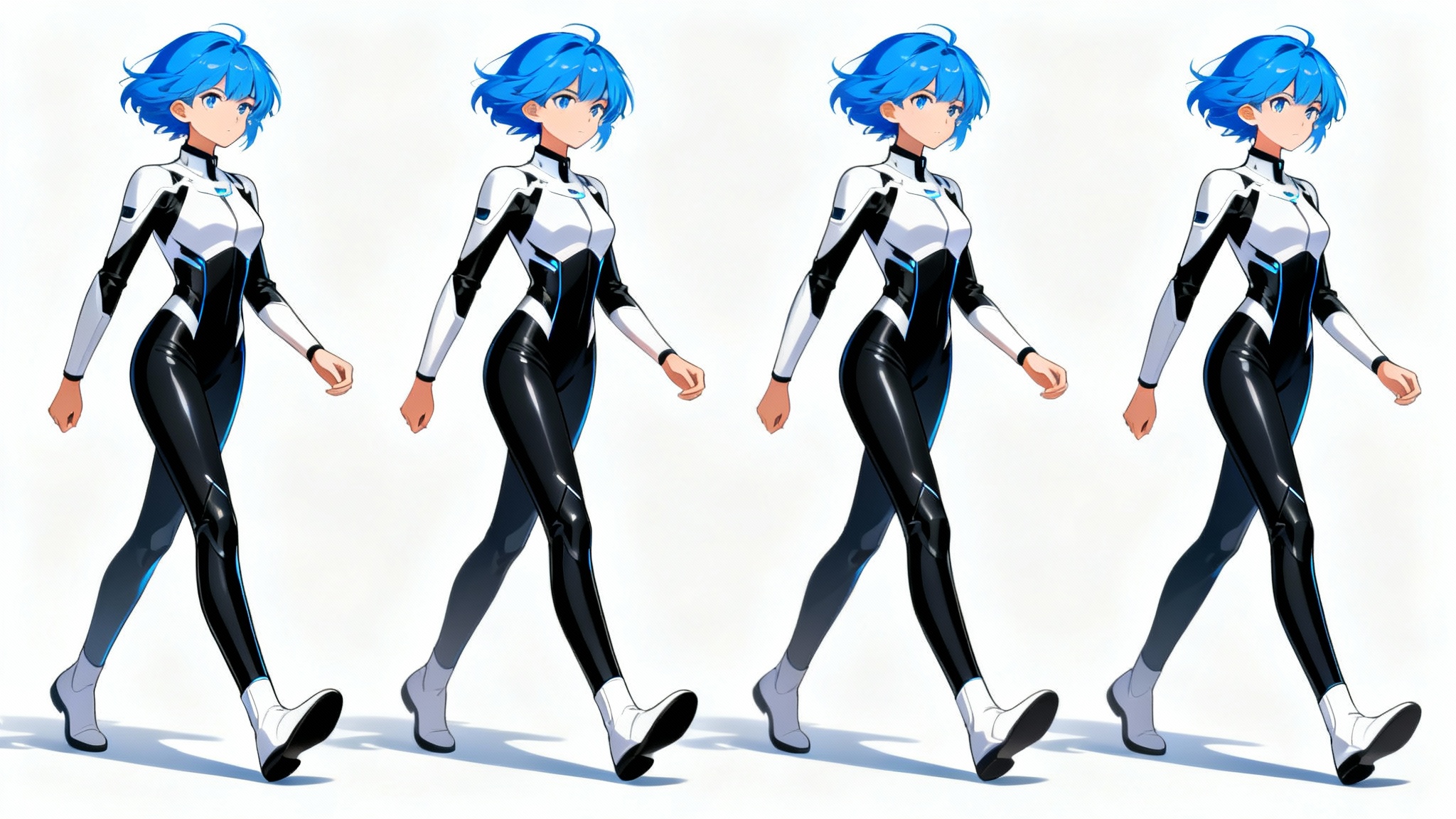 A sequence of four illustrations showing the keyframes of an anime character's walk cycle against a plain white background.