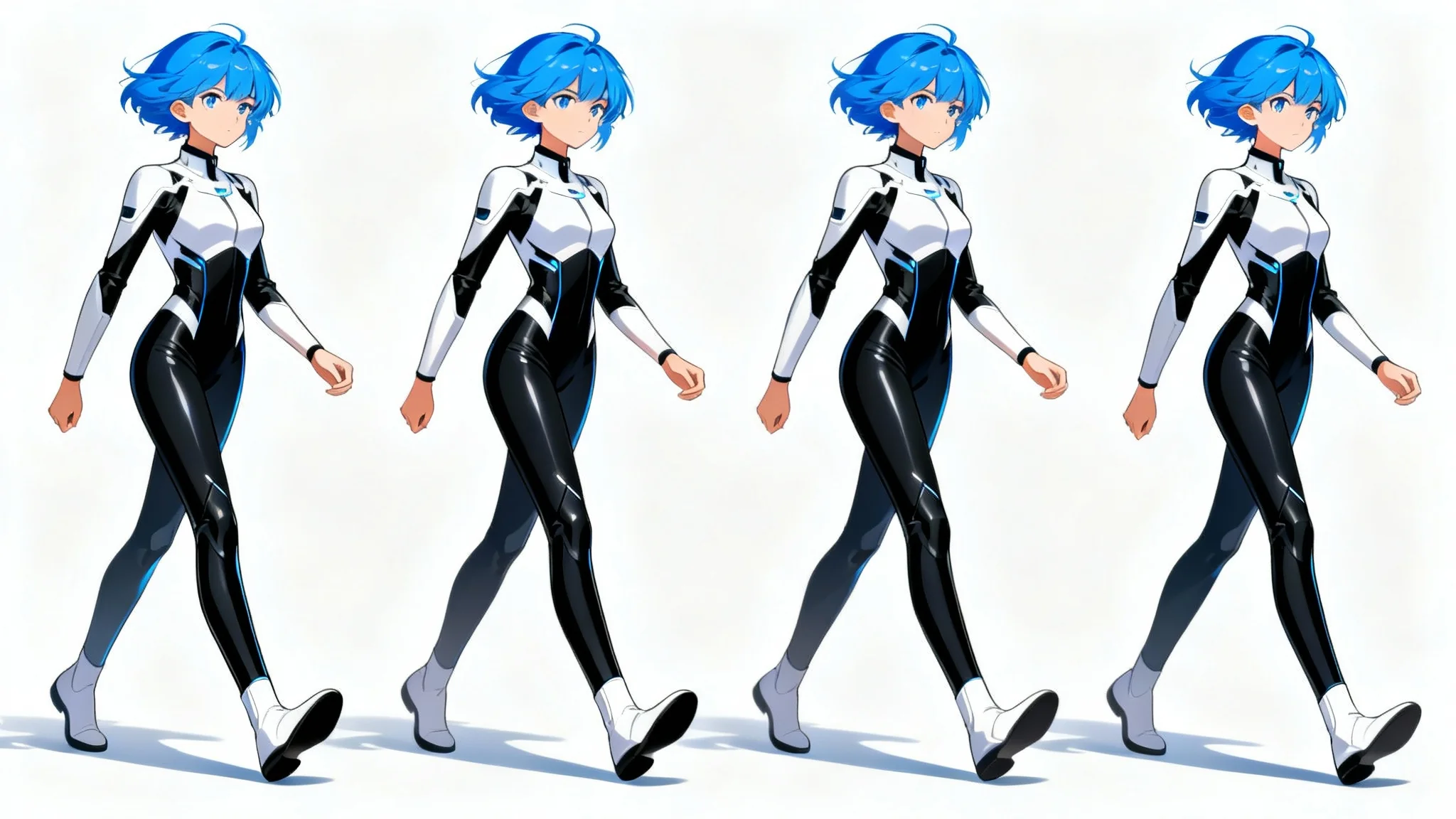 A sequence of four illustrations showing the keyframes of an anime character's walk cycle against a plain white background.
