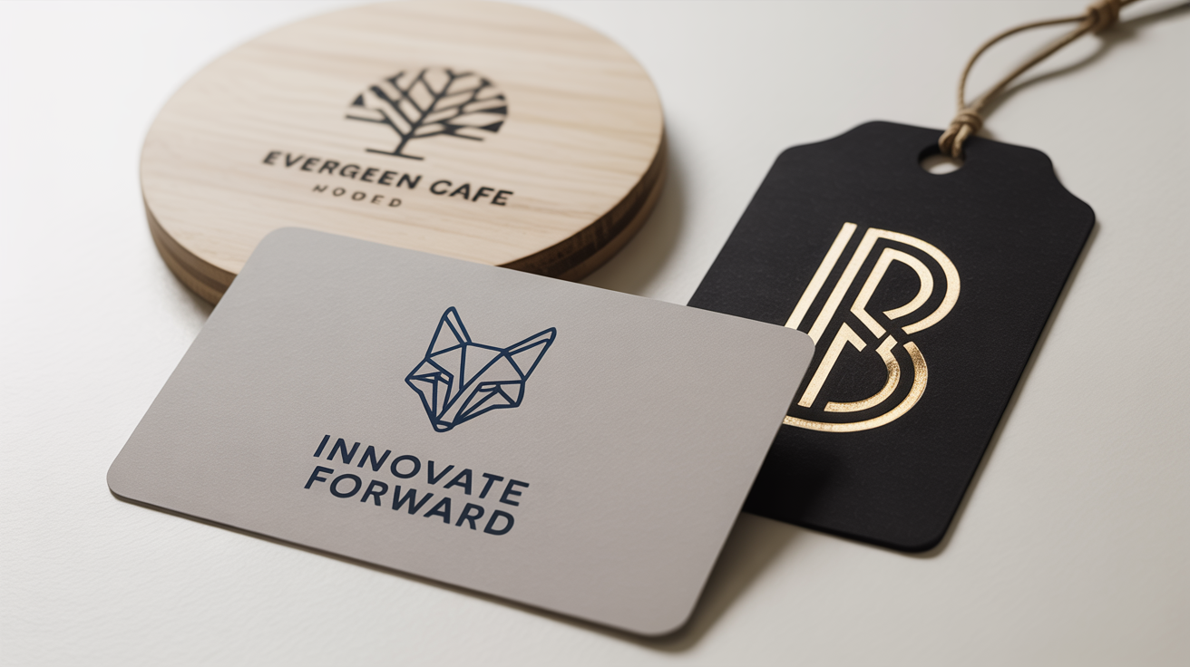 A collection of modern and diverse business logos displayed on various branding materials like a business card, a wooden coaster, and a hang tag, all set against a clean white background.