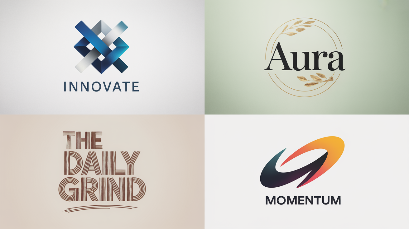 A grid of four modern and unique logo designs for fictional brands, including a tech startup, a skincare brand, a coffee shop, and a fitness brand, showcased on a white background.