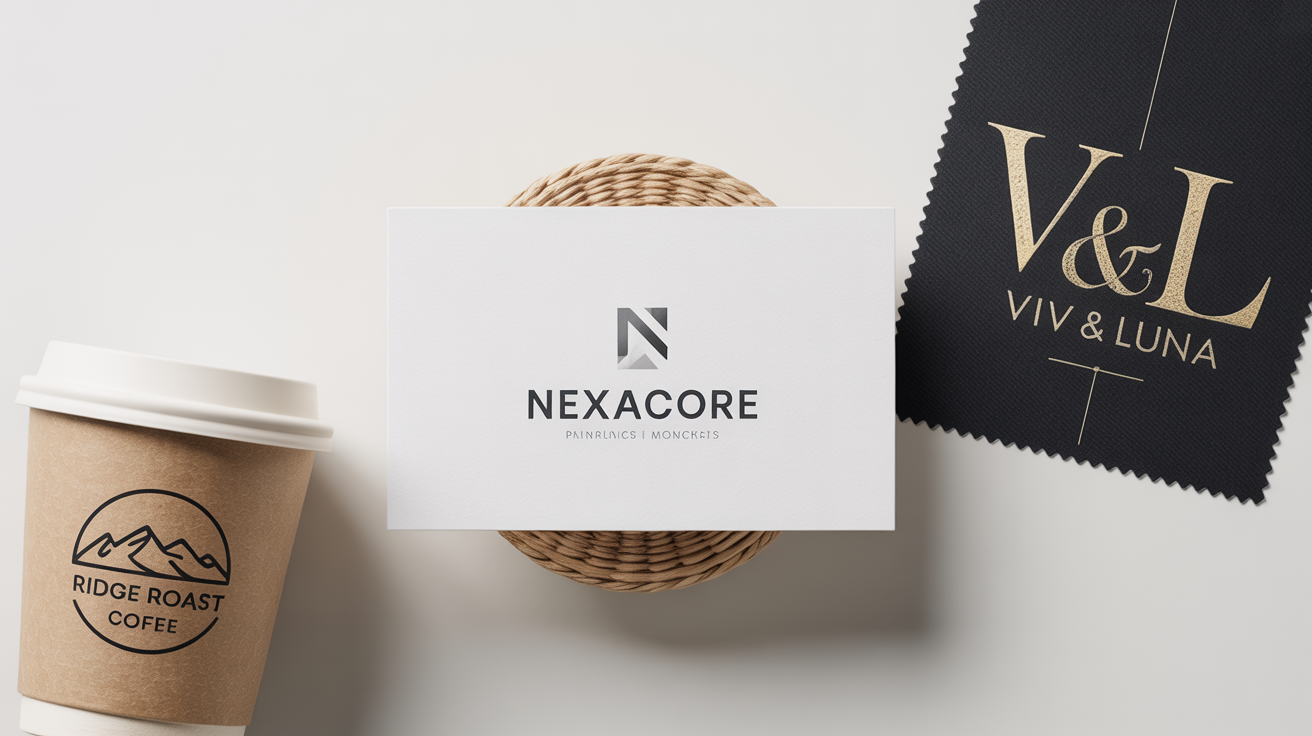 A flat lay of three different logo mockups on a white background: a modern silver logo for 'NEXACORE' on a business card, a rustic logo for 'Ridge Roast Coffee' on a coffee cup, and an elegant gold monogram for 'VIV & LUNA' embroidered on fabric.