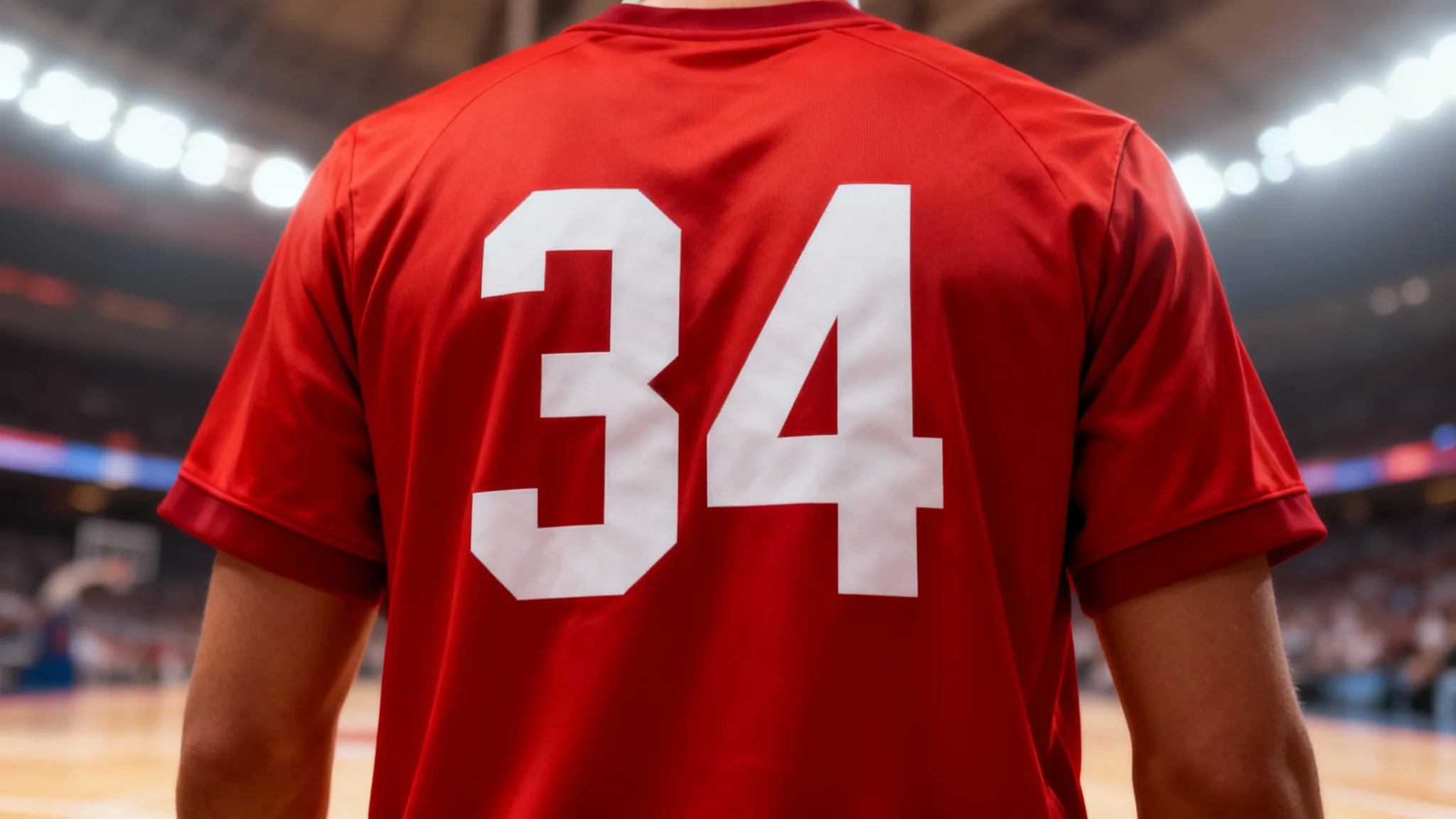A close-up photograph of a red basketball jersey with the number 34 on the back, demonstrating a flawlessly edited number on a piece of clothing.