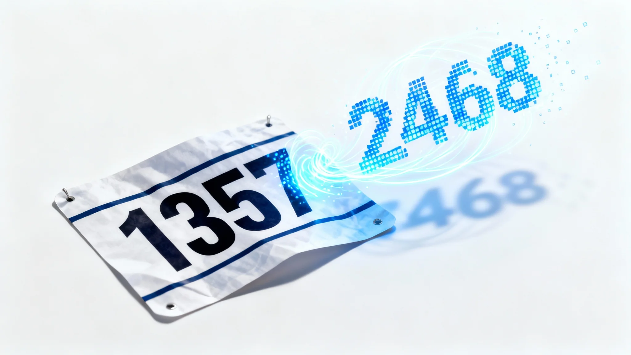 A photorealistic image of a marathon race bib on a white background, where the number 1357 is magically transforming into the number 2468 with a glowing pixel effect.