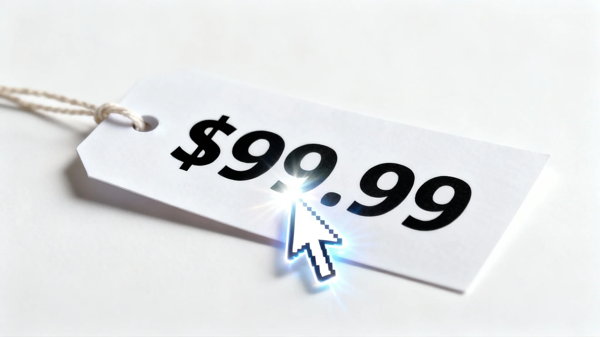 A photorealistic close-up of a price tag showing the price $99.99 being digitally altered to $19.99, with a magical glow effect over the changing number, set against a clean white background.