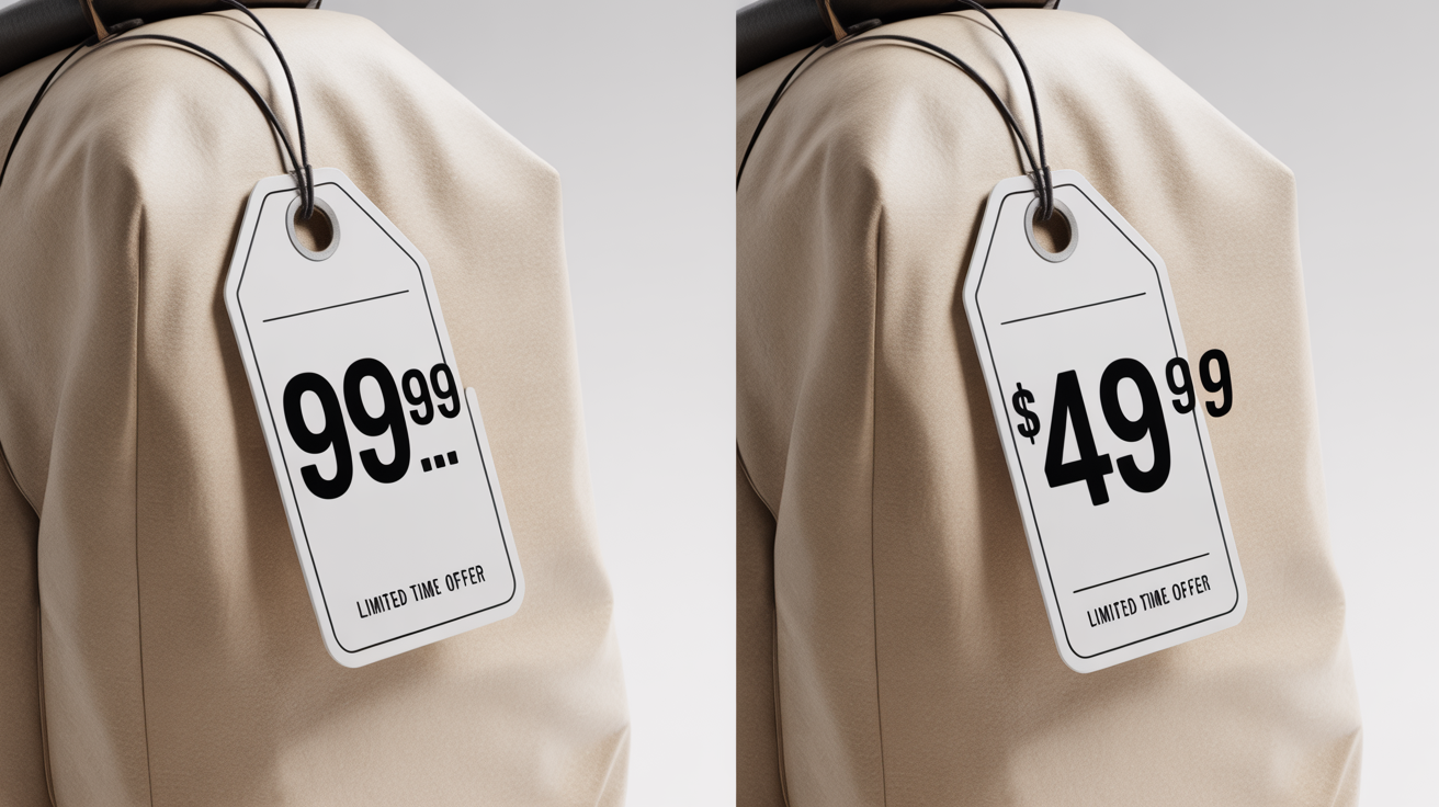 A before-and-after comparison. The left image shows a price tag with '$99.99', and the right image shows the same tag edited to say '$49.99', illustrating the ability to change numbers in a photo.