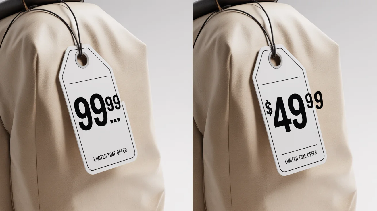 A before-and-after comparison. The left image shows a price tag with '$99.99', and the right image shows the same tag edited to say '$49.99', illustrating the ability to change numbers in a photo.