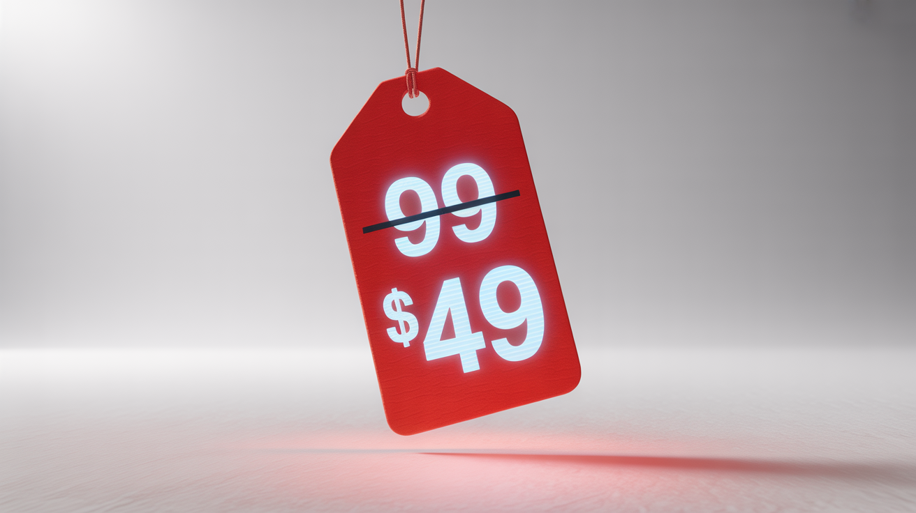 A red price tag showing the original price of $99 crossed out and replaced with a new, highlighted price of $49, demonstrating the ability to change numbers in a photo.