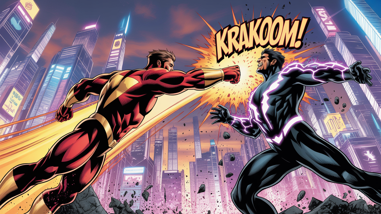 A dynamic comic book splash page showing a superhero in a red and gold suit throwing a fiery punch at a villain in a black and purple suit in a futuristic city at night, with a large 'KRAKOOM!' sound effect.