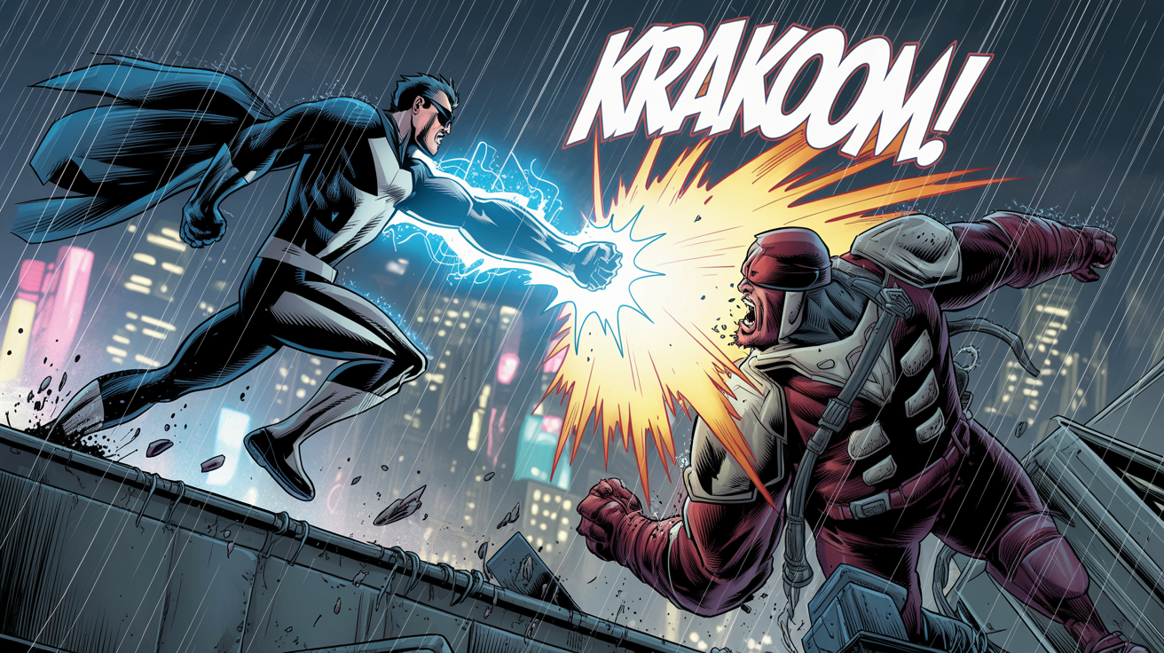A dynamic comic book fight scene showing a superhero in a blue and silver suit punching a large armored villain on a rainy rooftop, with a large 'KRAKOOM!' sound effect.