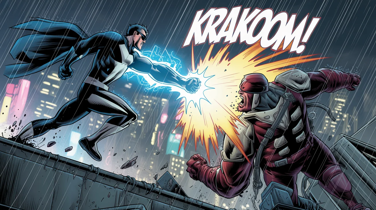 A dynamic comic book fight scene showing a superhero in a blue and silver suit punching a large armored villain on a rainy rooftop, with a large 'KRAKOOM!' sound effect.