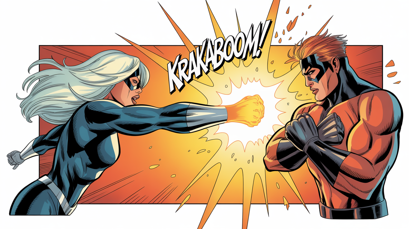 A vibrant comic book panel showing a female superhero punching a male superhero, causing a massive yellow energy explosion with the sound effect 'KRAKABOOM!'. The scene is drawn in a modern, dynamic style.