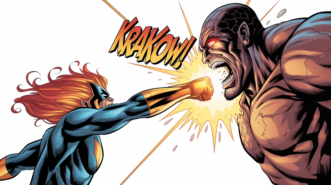A comic book panel showing a female superhero in a blue and gold suit landing a powerful uppercut on a large, monstrous villain, creating a starburst of energy. The word 'KRAKOW!' explodes from the point of impact.