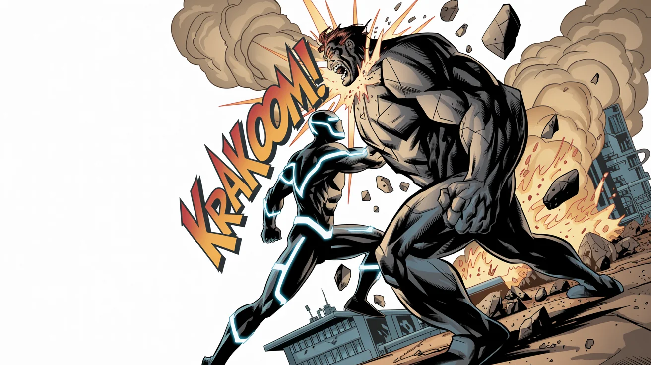 A modern comic book panel showing a superhero in blue and silver armor punching a large rock-like villain, with the sound effect 'KRAKOOM!' exploding from the impact.