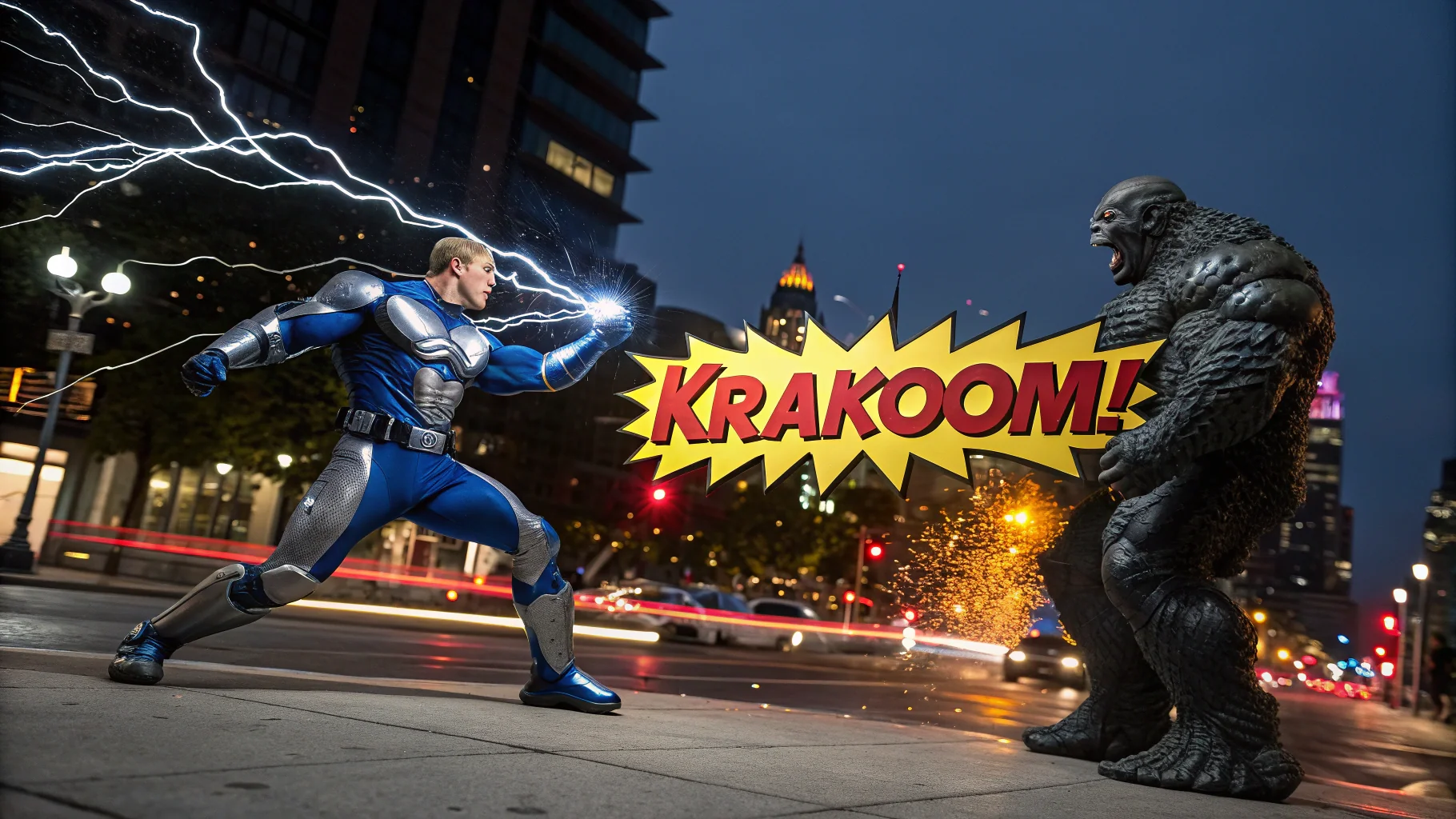 A comic book panel showing a superhero in a blue and silver suit punching a large, monstrous villain, with the dramatic sound effect 'KRAKOOM!' exploding between them on a rainy city street at night.