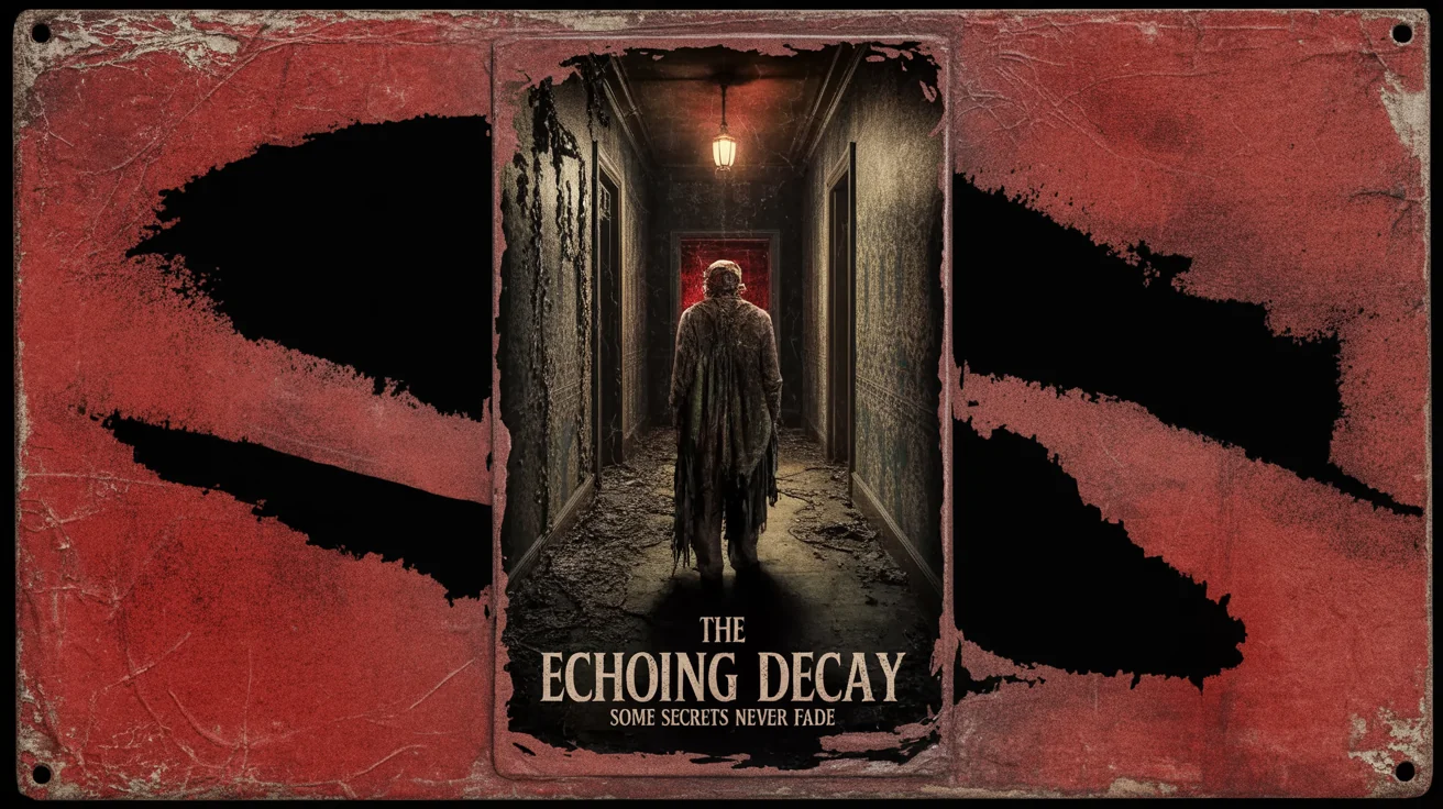 A cinematic hero image of a fictional horror movie poster for 'The Echoing Decay', demonstrating a heavy distressed texture effect with scratches, faded colors, and torn edges.
