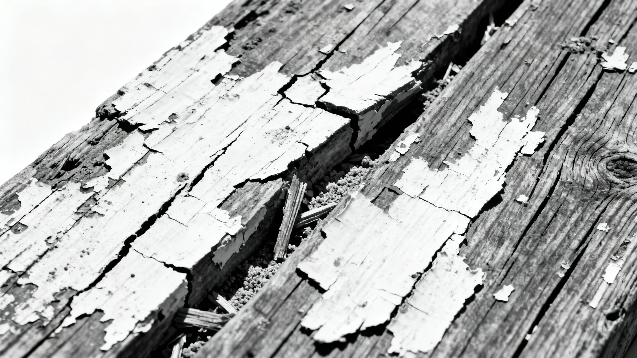 A hyper-realistic, close-up image showcasing a distressed wood texture with peeling white paint and deep cracks, isolated against a solid white background.