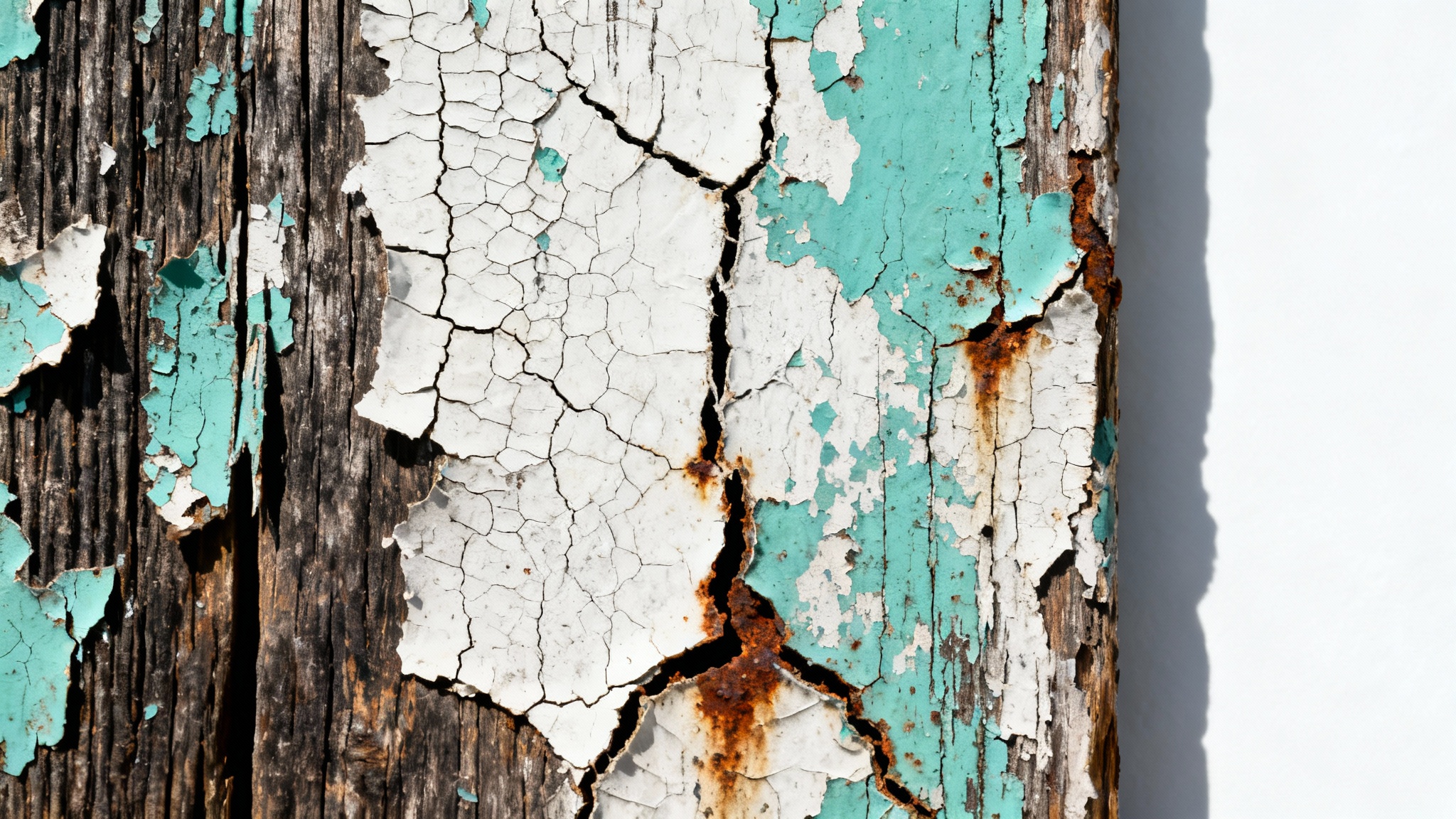 A hyper-detailed macro photograph of a distressed texture, showing cracked and peeling paint over weathered wood, isolated on a white background.