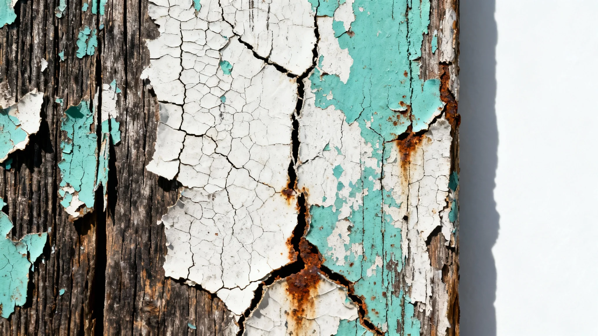 A hyper-detailed macro photograph of a distressed texture, showing cracked and peeling paint over weathered wood, isolated on a white background.
