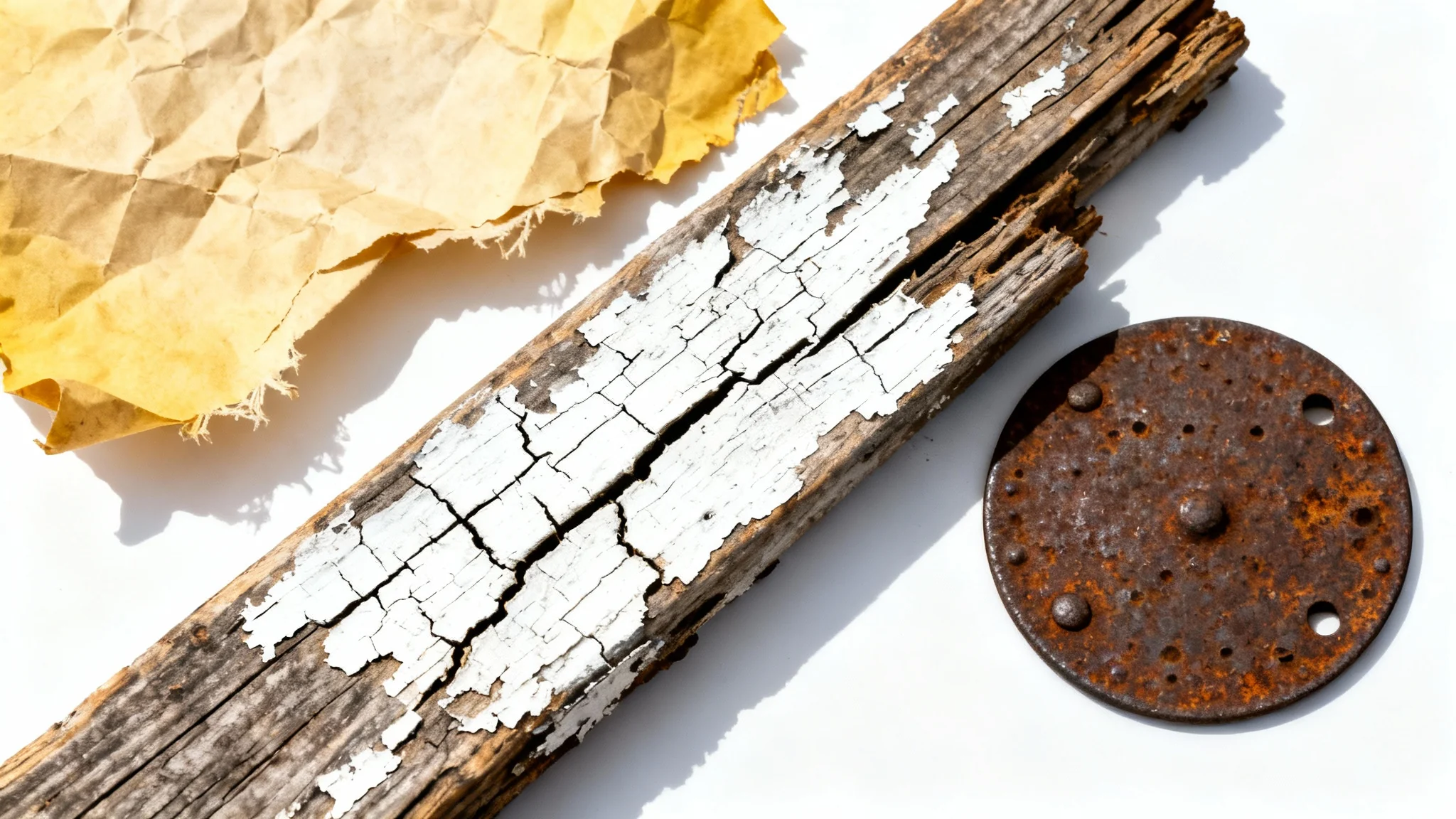 A close-up, top-down photograph showcasing various distressed textures, including cracked wood, aged paper, and rusted metal, set against a clean white background.