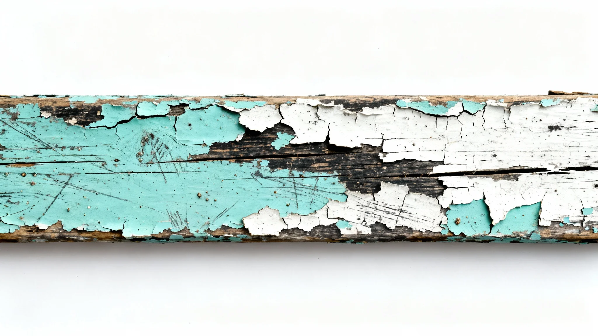 A detailed macro shot of a distressed texture, showing peeling cyan paint on a wooden surface against a clean white background.