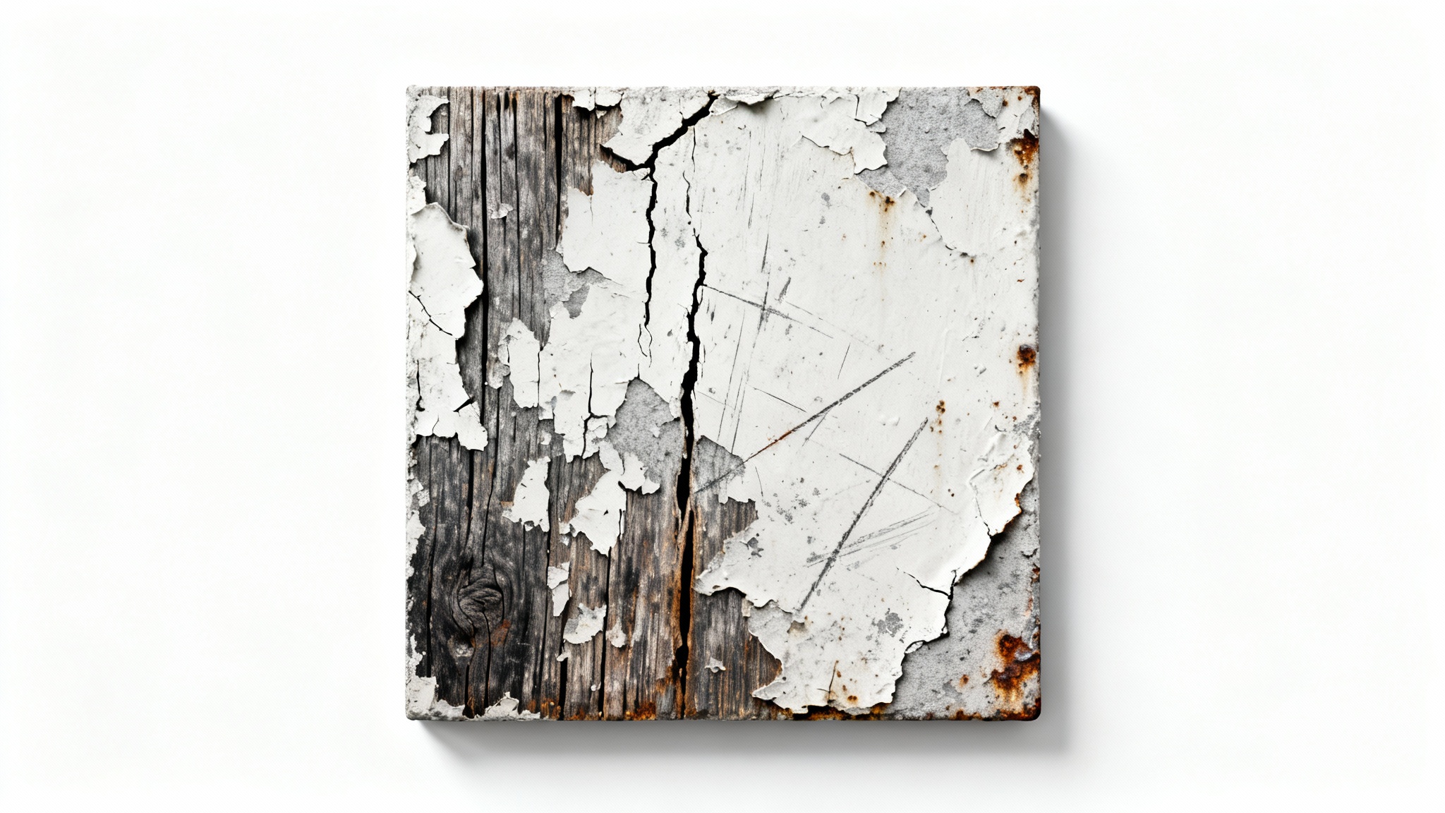 A photorealistic close-up of a square material sample showcasing a distressed texture with cracked, peeling paint over a dark wood grain, set against a plain white background.